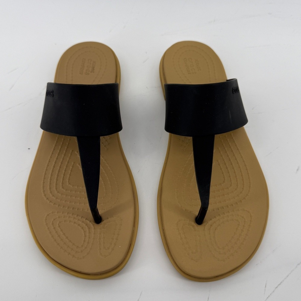 Crocs Tulum Flip Flop Sandal Tan Black Women 6 Slip On Casual Comfy Beach Vacay - Picture 3 of 9
